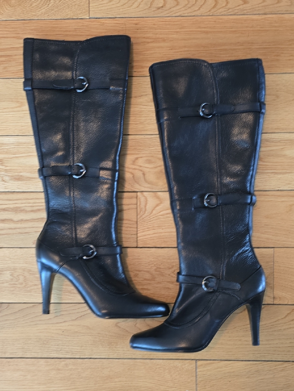 Classic Black Leather Knee-High Heeled Boots